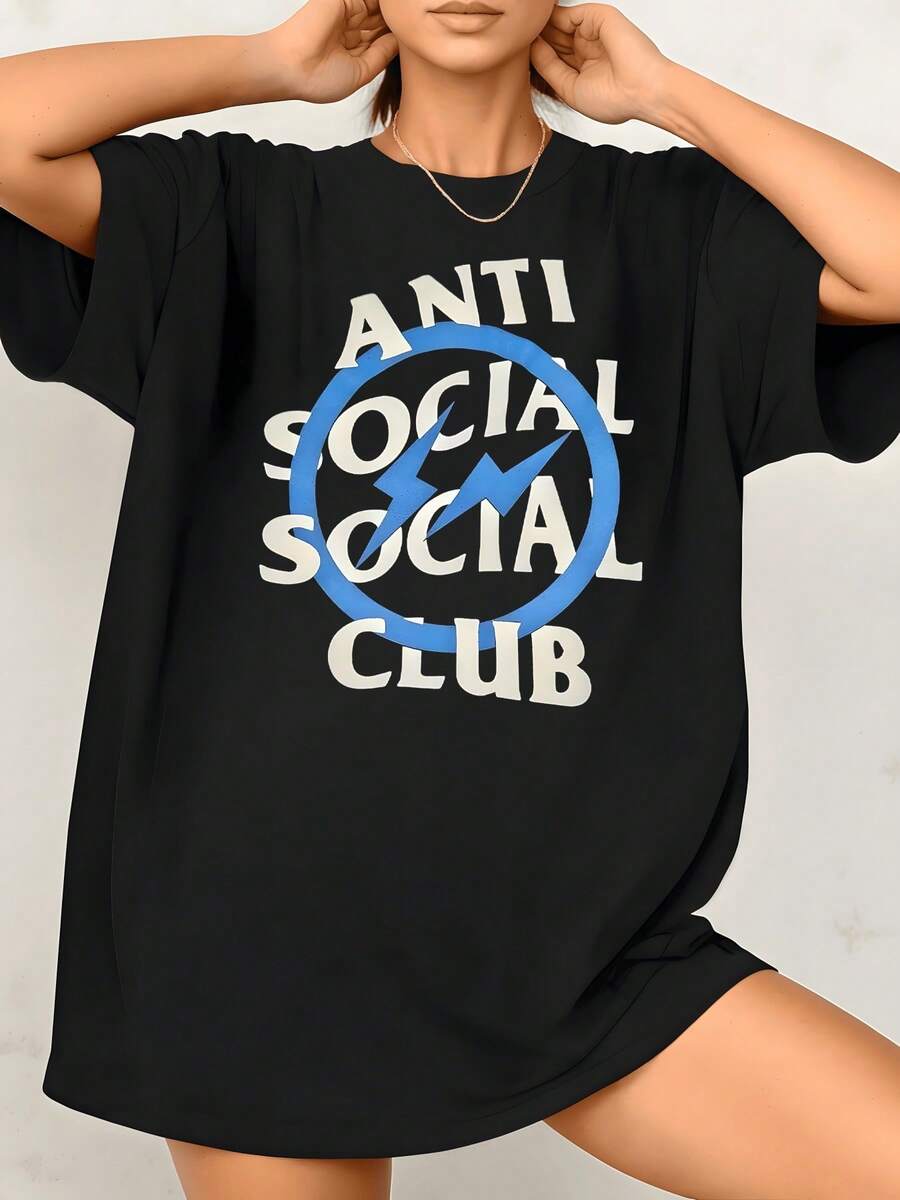Women's Anti Social Club Graphic Print T Shirt Casual Loose 100% Cotton Round Neck Tee Oversized Short Sleeve Top Relaxed Fit 1Pcs They Are Excellent Gifts For Friends And Family, Daily Wear,Simple Style - 黑色 - 查看 1