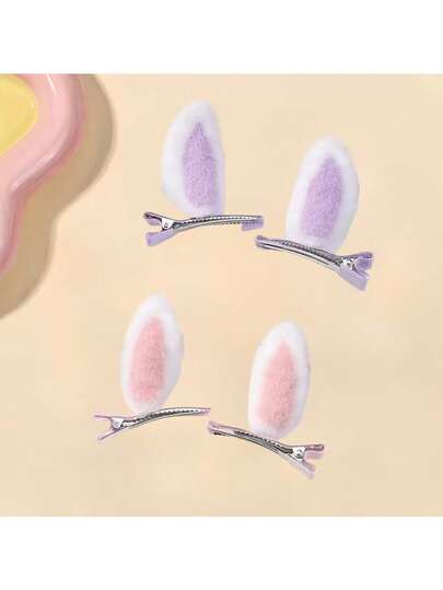 2个兔耳朵发夹，可爱3D立体耳形侧夹，甜美可爱，适合复活节派对、日常穿搭、约会拍照等场合，百搭少女风发饰