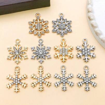 10件套冬季雪花吊坠套装 – 优质锌合金DIY珠宝配件，适用于节日项链、手链和耳环（圣诞节和新年）