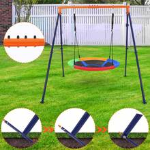 Columpio Platillo Exterior para Niños 45 Pulgadas con Bastidor Metálico, Juego de Columpio Platillo 440lbs Resistente con Bastidor en Forma de A y Cuerdas Regulables | Columpio Redondo de 1 Asiento para Patio, Zona de Juegos y Parque - Azul - Ver 5