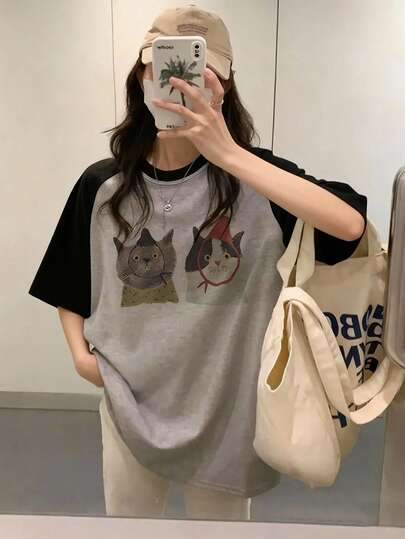 100%纯棉女士圆领插肩袖撞色短袖T恤，夏季新款猫咪图案印花，时尚休闲百搭宽松上衣，适合日常穿着