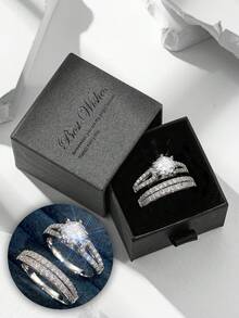 两件套优雅闪亮立方氧化锆戒指套装，高端珠宝，适合女士婚礼、派对、宴会佩戴，铜质材料，不褪色且低过敏性，适合作为节日礼物送给爱人或母亲。 - 銀色 - 查看 12