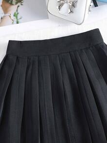 Left Mama Tween GirlsFashionable Black Vest Top With Gold Buttons & Pleated Skirt Set, Summer School/Work Outfit - Black - View 6