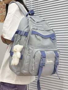 Large Capacity Multi-Compartment Cartoon Backpack With Dual Handles And Zipper, Anti-Theft Design, Suitable For Students Back To School, College Style, Women Travel & Vacation - Blue - View 2