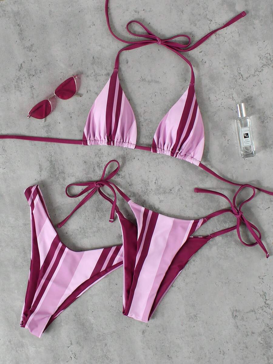 Bộ bikini 3 mảnh kẻ sọc tương phản hồng và tím dành cho nữ, mùa xuân/hè 2026, đồ bơi thanh lịch và gợi cảm, phù hợp cho bãi biển, kỳ nghỉ, có thể phối cùng váy, áo và đồ tập thể dục đa năng. - Nhiều màu - Xem 1