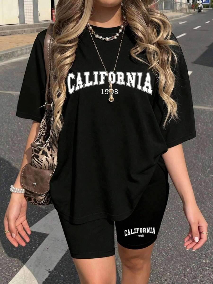 女士黑色印花两件套家居服 - 黑色 - 查看 1