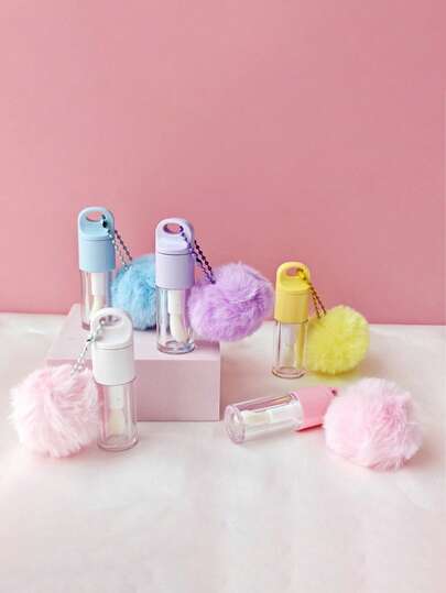 1pc 5ml Transparent Lip Gloss Tube With Plush Pendant, Plush Keychain Lip Gloss Refill Bottle, Transparent Lip Gloss Tube With Brush Head, Lip Oil Dispenser Tube, Portable Lip Gloss Refill Bottle Keychain/Bag Charm, Leakproof, Reusable, Suitable For Liquids