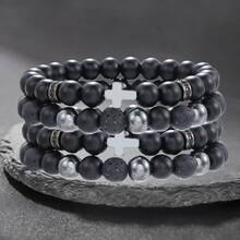 4 piezas Pulsera hecha a mano con cuentas de cristal negro mate con diseño de cruz retro punk a la moda, adecuada para cumpleaños, vacaciones, fiestas y uso diario - Negro - Ver 8