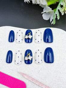 10pcs Set Of Handmade Nail Stickers, Navy Blue Almond Shape, Beautiful Fragrance Style French Manicure Stickers, Matte Nail Stickers - Navy Blue - View 9