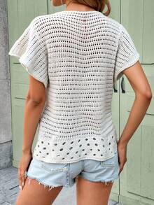 Women's Sexy Casual Deep V Neck Hollow Out Woven Fabric All Over Print Regular Length Sweater Vest - Apricot - View 2