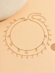 2pcs/Set Star & Moon Tassel Layered Necklace, Fashion Double-Strand Choker Necklace, Handmade Adjustable Length With Random Star Tassel Quantity, Suitable For Daily Wear, Dating And Photo Shooting - Golden - View 3