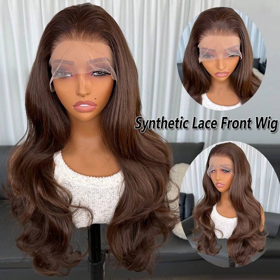 Kanekalon Futura 巧克力棕色 13x4 合成蕾丝前假发，22 英寸长波浪卷发，无需胶水，Kanekalon 纤维，耐用合成发，中分，150% 密度，时尚百搭，适合女性和女孩参加派对、节日、日常佩戴，耐热纤维假发 - Dark Brown - 查看 1