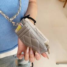 Japanese Style Halter Chain Card Holder Wallet, Women Quilted Leather Card Case (Detachable Strap) - Multicolor - View 5