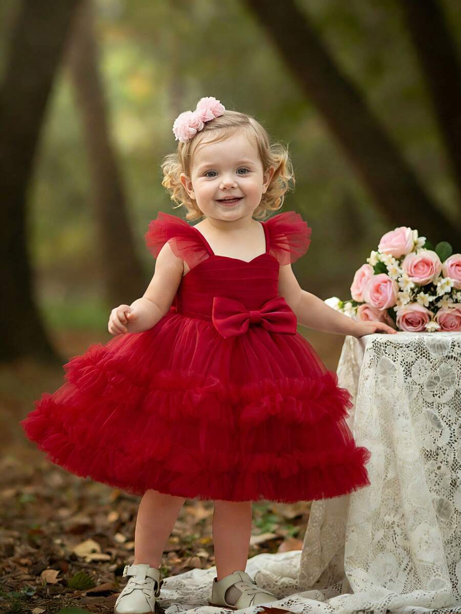 女婴V领蝴蝶结荷叶边网纱婚纱，适合生日派对，不含头饰 - 酒紅色 - 查看 1