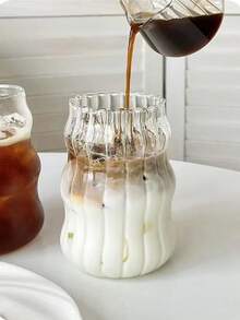 1pc Coffee Glass Cup, Vertical Striped Glass Cup, Retro Beverage Cup, Wavy Cocktail Cup, Iced Coffee Cup, Cold Drink Cup, Juice Cup, Beverage Cup, Milk Cup, Fresh Style Single Layer Cup, Large Capacity For Home Use, Vertical Stripes Glass, Party & Study Supplies - Clear - View 4