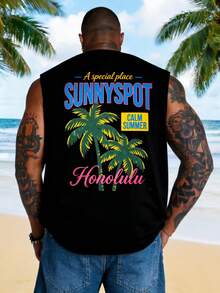 AnChiStreetwear - 大码男士时尚创意棕榈树印花休闲无袖背心，适合街头、户外、度假、日常健身通勤等场合，百搭休闲风 - 黑色 - 查看 1