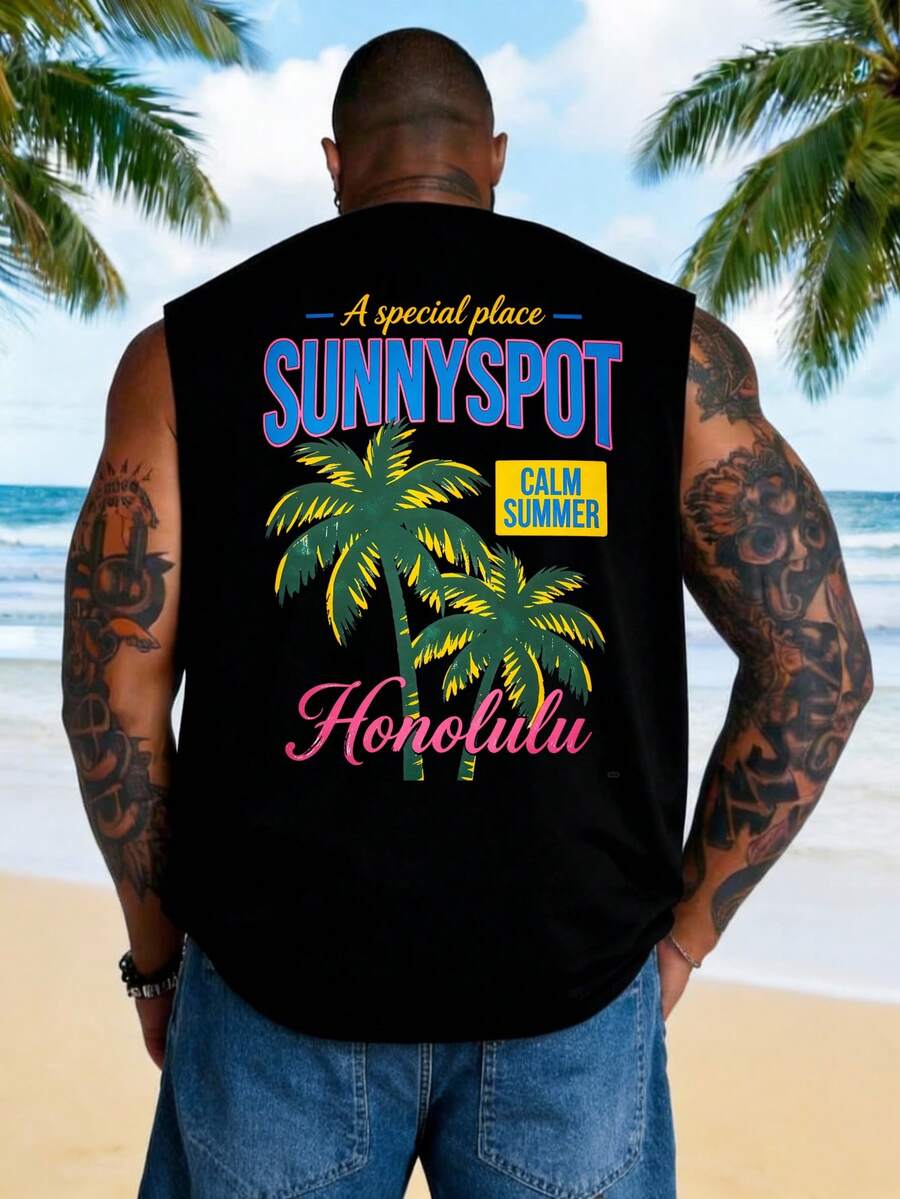 AnChiStreetwear - 大码男士时尚创意棕榈树印花休闲无袖背心，适合街头、户外、度假、日常健身通勤等场合，百搭休闲风 - 黑色 - 查看 1