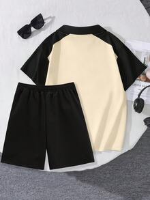 青少年男孩涂鸦风格笑脸印花Polo衫和短裤夏季新款套装 - 彩色 - 查看 2