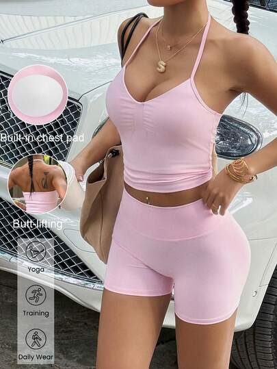 Aoqta Sports Women's Two Pieces Spring/Summer Casual Solid Color Halter Neck Sleeved Vest And Hip Tight Shorts Suit For Gym Sports Fitness Running Yoga