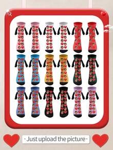 1 Pair Of Customized Face Children's Mid Tube Holding Hands Series Medium Socks, Put Any Face On The Socks, Personalized Socks With Photos, Interesting Customized Pictures With Medium Stockings, Suitable For Valentine's Day, Birthday, Gift Giving And Other Occasions, Personalized - Multicolor - View 2