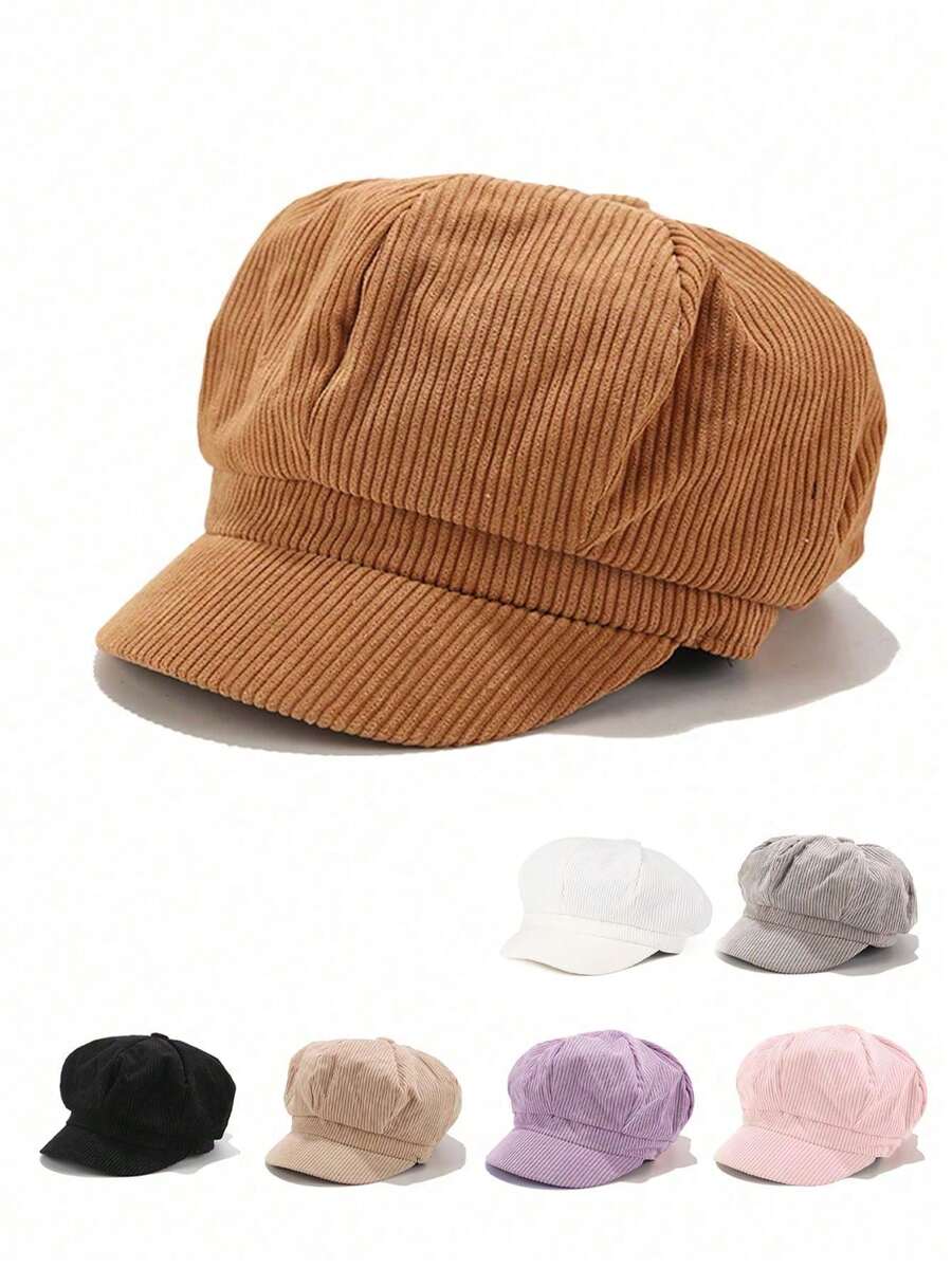 1pc Newsboy Cap/Taxi Driver Cap/Corduroy Flat Top Hunting Hat, Street Fashion Hat, Outdoor Sun Protection Casual Hat For Spring Autumn Travel, Beach Vacation - Newsboy Cap - View 1