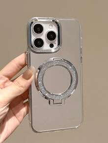 1PC Light Luxury Premium Round Glitter Kickstand Phone Case, Compatible With 11/12/13/14/15/16 Pro/17 Pro Max, Electroplated Mirror Full-Body Protective Case, Valentine's Day Gift - Silver - View 4