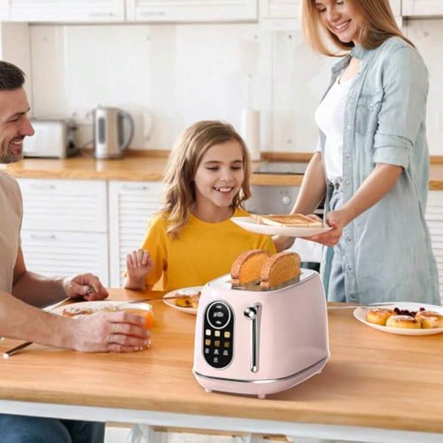 tostador inteligente de visualización táctil de 2 rebanadas tostador retro de acero inoxidable con 6 niveles de dorado recalentar y descongelar para bagel tostado pan bandeja extraíble-B007 - rosado - Ver 1