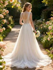 YOUKEFEIER Elegant V-Neck Spaghetti Strap Wedding Dress, Delicate Lace Top, Flowing Skirt Showcasing Bridal Charm - Beige - View 6