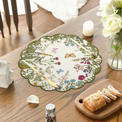 1pc/Set Green Floral & Butterfly Linen Round Placemat, 38cm, Seasonal Kitchen Dining Table Decor, Spring Home Decoration, Spring, Wedding