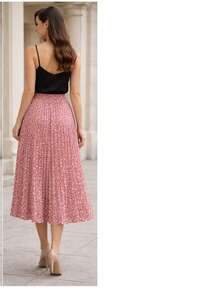 Elegant Polyester Pleated Skirt For Women, Summer Office Wear - 粉色 - 查看 5