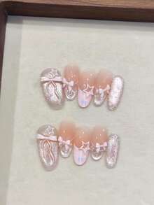 30片椭圆形可爱格子法式猫眼腮红蝴蝶结镂空星星美甲贴纸，可移除，适合女性日常工作，1个指甲锉+1瓶果冻凝胶美甲用品 - 彩色 - 查看 1