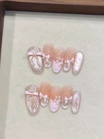 30片椭圆形可爱格子法式猫眼腮红蝴蝶结镂空星星美甲贴纸，可移除，适合女性日常工作，1个指甲锉+1瓶果冻凝胶美甲用品