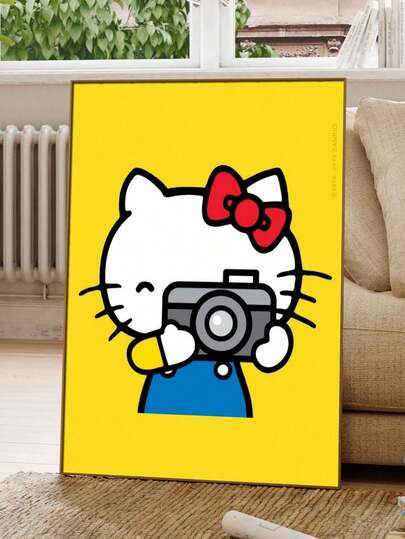 Sanrio 2pcs Unframed, Vibrant Yellow Background Hello Kitty Wall Art | Cute Design With Hello Kitty Holding A Camera | A Charming And Heartwarming Decoration For A Girl's Bedroom Or Desk.