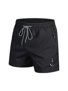Men's Summer Quick-Dry Beach Shorts, Solid Color Drawstring Printed Bermuda Shorts, Suitable For Beach, Vacation, Outdoor, Running - Black - View 2