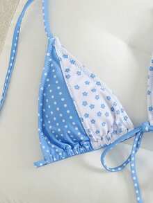 PEPPERMOLLY Bộ bikini hai mảnh họa tiết hoa nhí phối màu, kiểu cổ yếm, thích hợp cho kỳ nghỉ hè trên bãi biển dành cho nữ. - Màu xanh nhạt - Xem 5