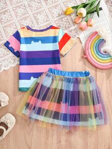 This Fashionable Girls' Set Includes A Rainbow Striped T-Shirt And A Tulle Skirt, Very Suitable For Daily Wear And Photo Shoots. - Multicolor - View 2