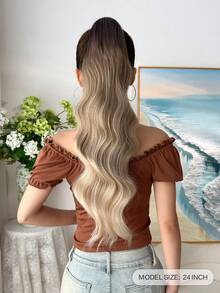 魔术贴卷发夹式马尾辫接发，黑色、棕色、橙色渐变棕色，24英寸长波浪卷，耐热硬质合成发片，适合女孩和女士在圣诞节和万圣节日常佩戴 - 拼色 - 查看 4