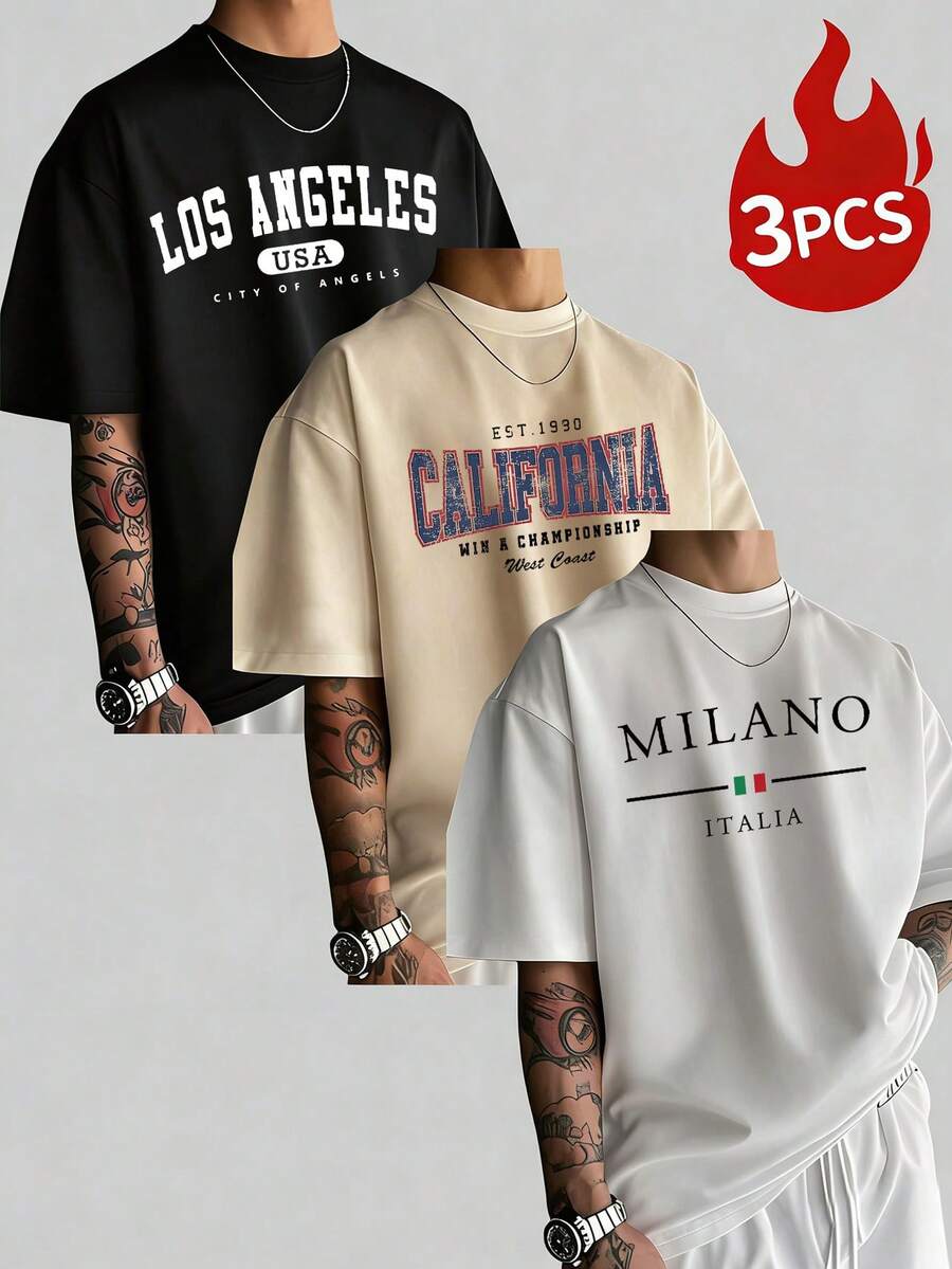 3pcs City Themed Print Men's Casual Crew Neck Short Sleeve Tops - Multicolor - View 1