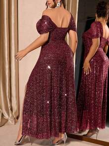 Women Plus Size Off‑Shoulder Glitter Ruched Mermaid Maxi Dress High Slit Date Night Girls Gathering Night Out Weekend Soiree Holiday Vibe Outfit - Burgundy - View 3