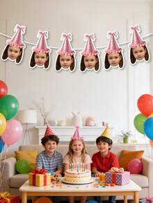 7/14/21pc Custom Photo Pink Party Hat Girl Birthday Banner Garland,Personalized Cute Face Photo Banner,Girls' Birthday Party Banner,Party Backdrop Banner, Personalized Gift - Multicolor - View 4