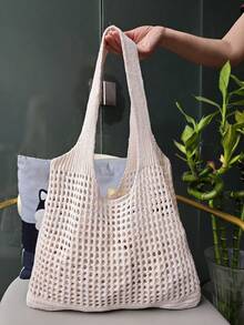 返校季，大码女式手提包，女士针织单肩包，复古镂空编织大容量花卉装饰托特包，钩针包，女士钩针包，夏季沙滩托特包，沙滩包 - 杏色 - 查看 11