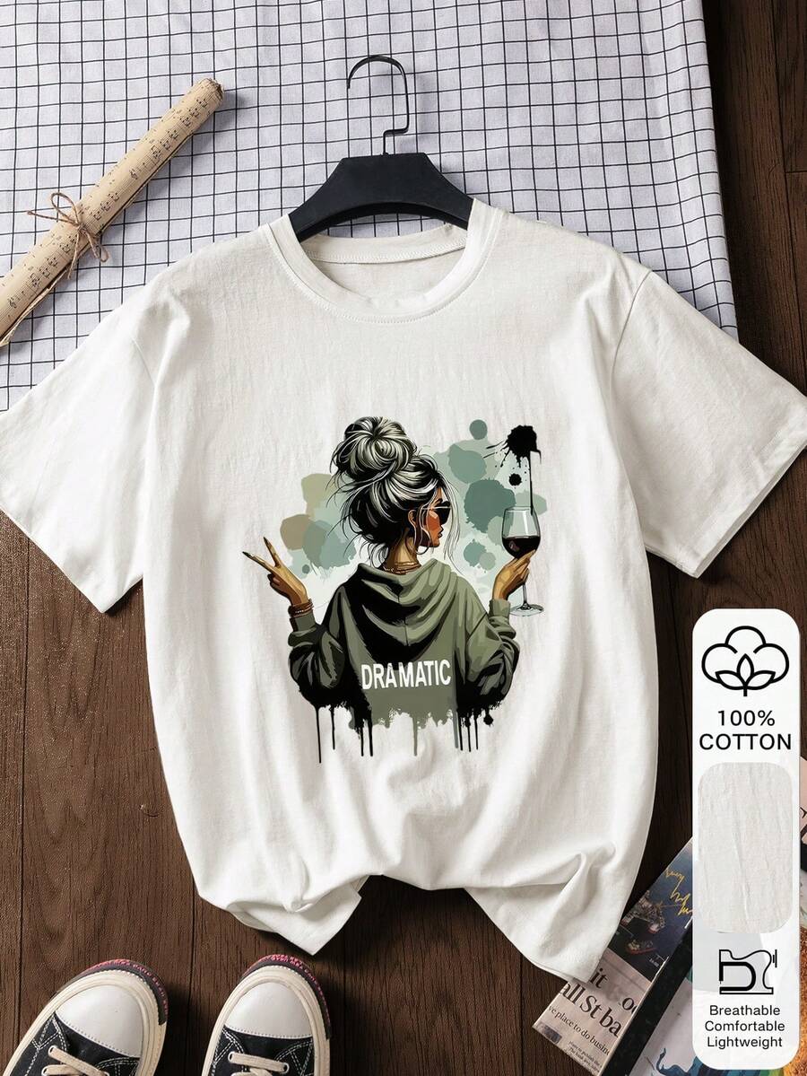 女士印花休闲短袖上衣，100%纯棉，图案T恤，柔软面料，棉质服装，户外上衣，印花图案，夏季T恤，女士T恤，上衣，夏季服装，度假装，旅行风格，海滩风，简约度假服饰