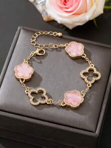 1pc Fashionable Luxury Elegant Crystal Hollow Clover & Flower Pendant Bracelet (Excluding Gift Box) - Pink - View 6