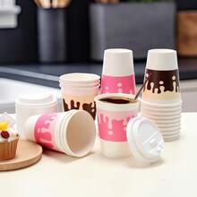 Tamone 48 PACK 16OZ Disposable Coffee Cups With Lids, Sleeves And Stirrers, Pink And Brown 16OZ Paper Cups To Go Coffee Cups With Lids Leak Proof, White Paper Cups For Cold/Hot Beverage Chocolate - 粉紅色和棕色 - 查看 8