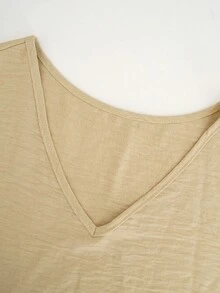 女士米色亚麻质感两件套，V领无袖上衣搭配阔腿卷边裤，夏季休闲度假装 - 卡其色 - 查看 5