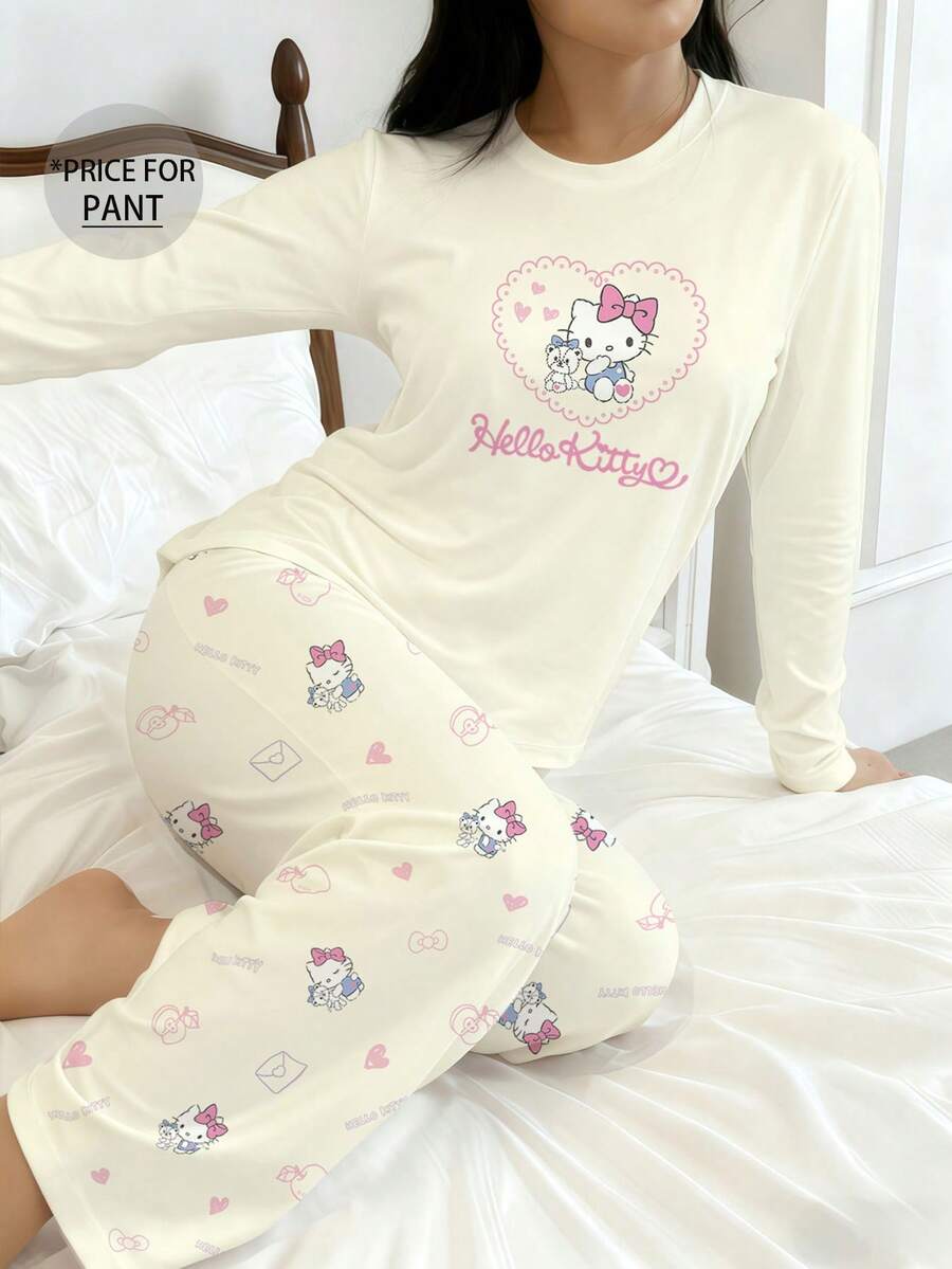 1pc Hello Kitty By Sanrio Women's Pajama Pants, Cute Y2K Style Sleepwear, Hello Kitty Themed Home Pants, Winter Loungewear - Apricot - View 1
