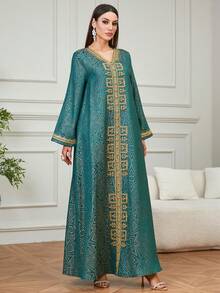 Elegant Long Embroidered Kaftan Dress With Golden Beads, Suitable For Eid, Daily Wear, Dates, Parties, Long Sleeve Robe - Dark Green - View 6