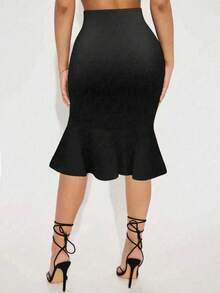 Plus Size Women's Casual Pleated Ruffle Hem Skirt - Black - View 2