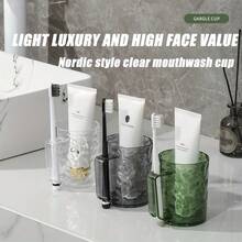 Glacier Style Mouthwash Cup With Integrated Toothbrush Holder, Ripple Textured Bathroom Tumbler With Handle Slot, Space-Saving Toothbrush Organizer Cup For Vanity - With Handles - View 3