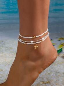 3pcs Bohemian Style Metal Starfish & Faux Pearl Beaded Anklet Set For Women - White - View 1